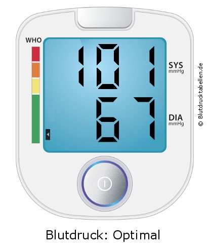 Blutdruck 101 zu 67 auf dem Blutdruckmessgerät