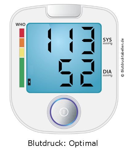 Blutdruck 113 zu 52 auf dem Blutdruckmessgerät