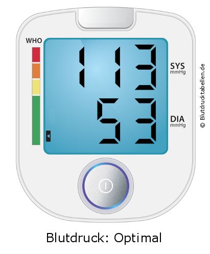 Blutdruck 113 zu 53 auf dem Blutdruckmessgerät