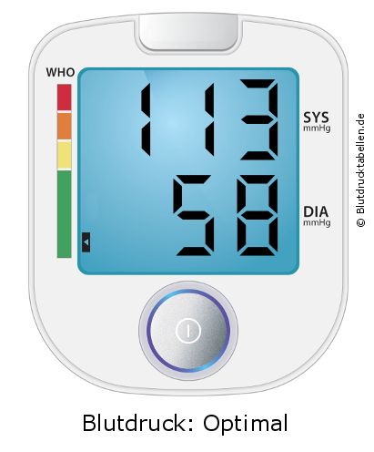 Blutdruck 113 zu 58 auf dem Blutdruckmessgerät