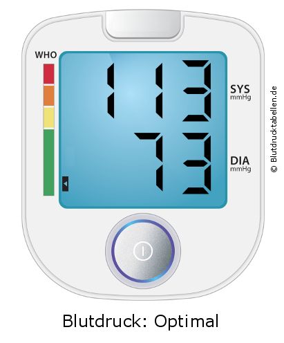 Blutdruck 113 zu 73 auf dem Blutdruckmessgerät