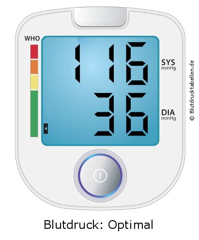Blutdruck 116 zu 36 auf dem Blutdruckmessgerät