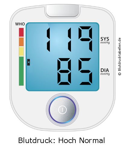 Blutdruck 119 zu 85 auf dem Blutdruckmessgerät