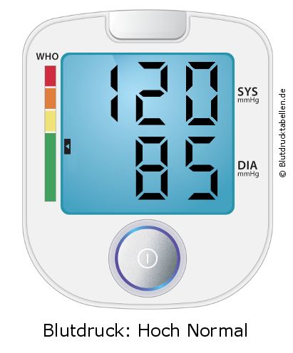 Blutdruck 120 zu 85 auf dem Blutdruckmessgerät