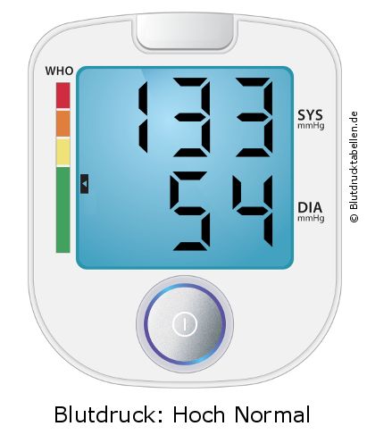 Blutdruck 133 zu 54 auf dem Blutdruckmessgerät