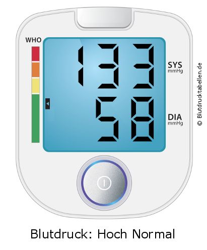 Blutdruck 133 zu 58 auf dem Blutdruckmessgerät