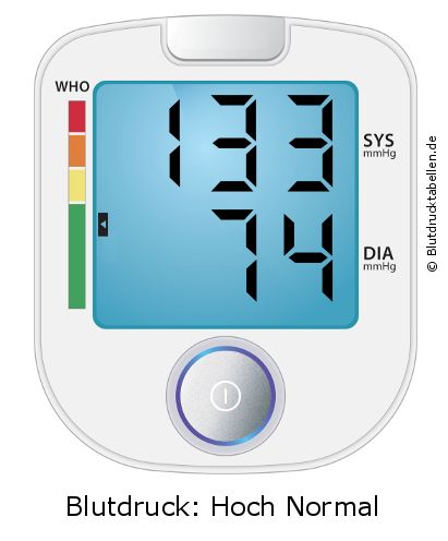 Blutdruck 133 zu 74 auf dem Blutdruckmessgerät