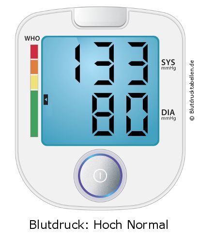 Blutdruck 133 zu 80 auf dem Blutdruckmessgerät