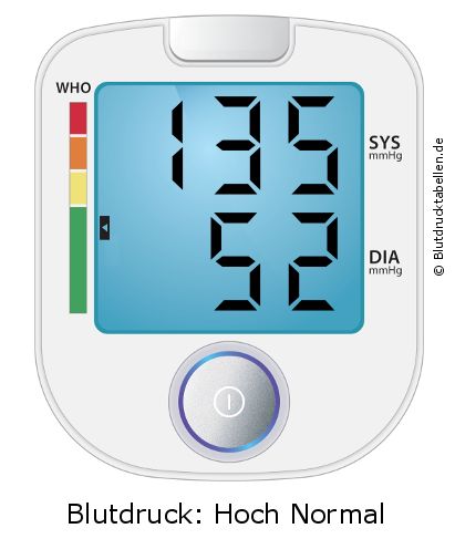Blutdruck 135 zu 52 auf dem Blutdruckmessgerät