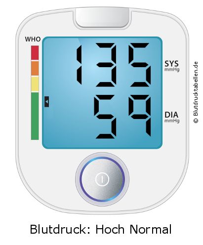 Blutdruck 135 zu 59 auf dem Blutdruckmessgerät