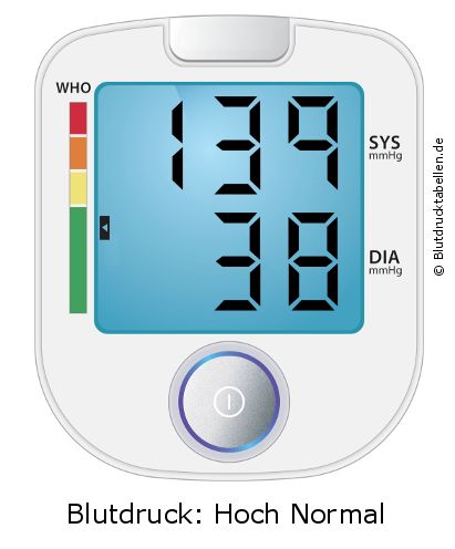 Blutdruck 139 zu 38 auf dem Blutdruckmessgerät