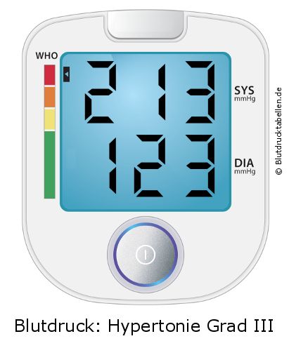 Blutdruck 213 zu 123 auf dem Blutdruckmessgerät