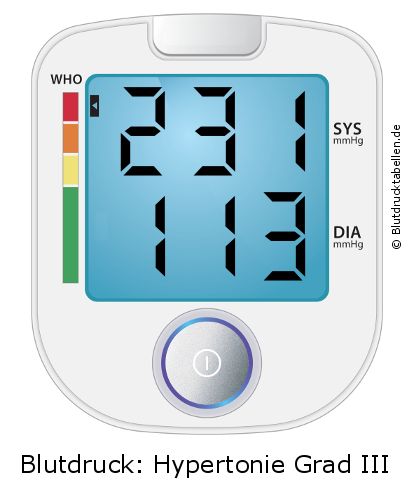 Blutdruck 231 zu 113 auf dem Blutdruckmessgerät