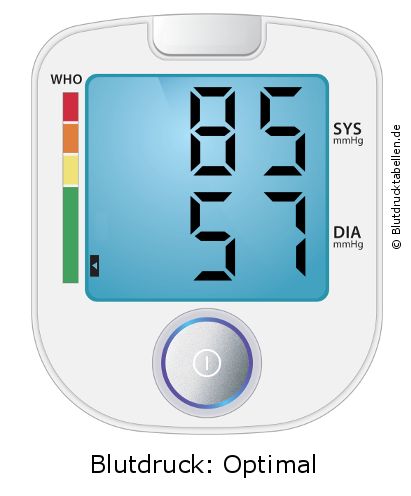 Blutdruck 85 zu 57 auf dem Blutdruckmessgerät