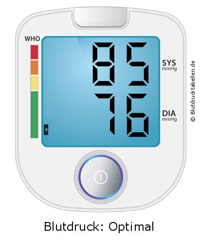 Blutdruck 85 zu 76 auf dem Blutdruckmessgerät