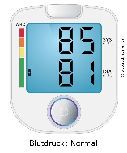 Blutdruck 85 zu 81 auf dem Blutdruckmessgerät