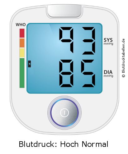 Blutdruck 93 zu 85 auf dem Blutdruckmessgerät
