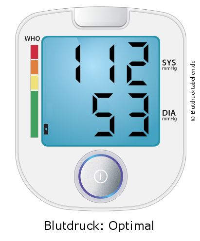 Blutdruck 112 zu 53 auf dem Blutdruckmessgerät
