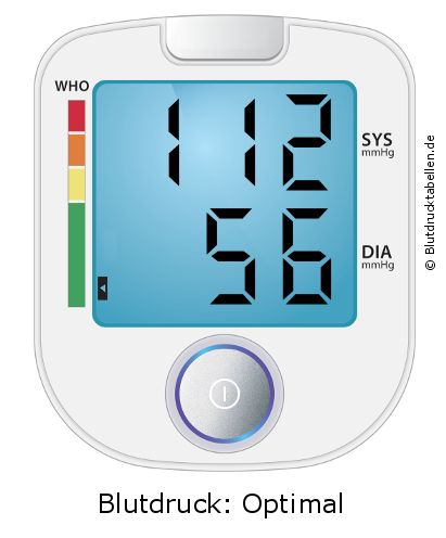 Blutdruck 112 zu 56 auf dem Blutdruckmessgerät