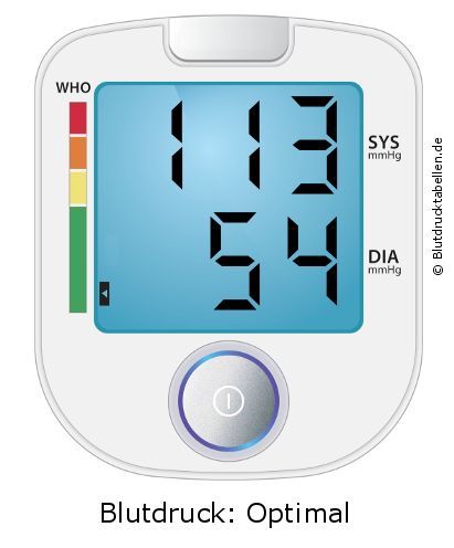 Blutdruck 113 zu 54 auf dem Blutdruckmessgerät