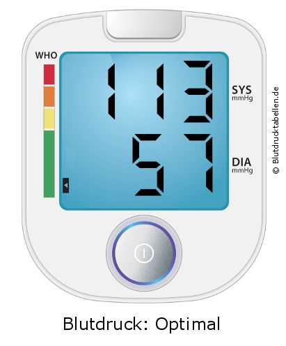 Blutdruck 113 zu 57 auf dem Blutdruckmessgerät