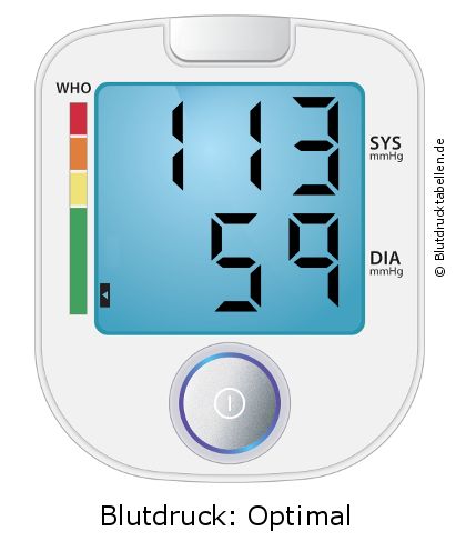 Blutdruck 113 zu 59 auf dem Blutdruckmessgerät