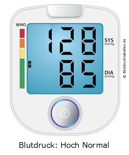 Blutdruck 128 zu 85 auf dem Blutdruckmessgerät