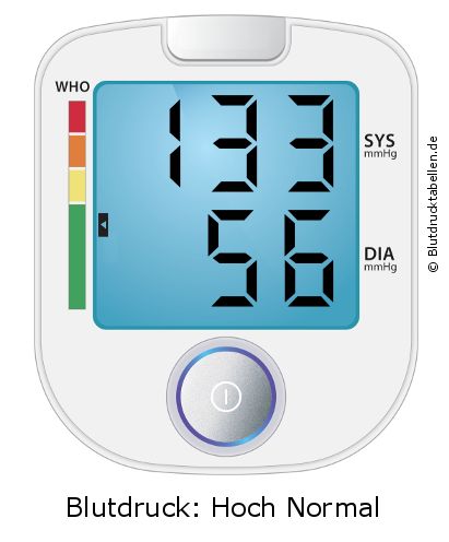 Blutdruck 133 zu 56 auf dem Blutdruckmessgerät