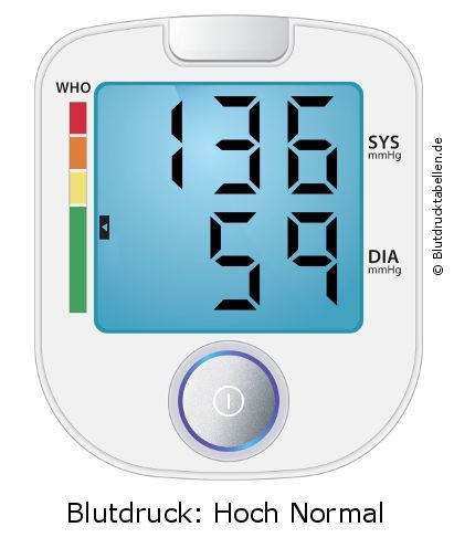 Blutdruck 136 zu 59 auf dem Blutdruckmessgerät
