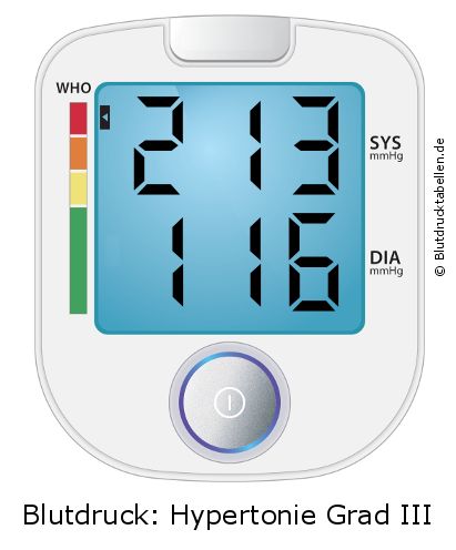 Blutdruck 213 zu 116 auf dem Blutdruckmessgerät