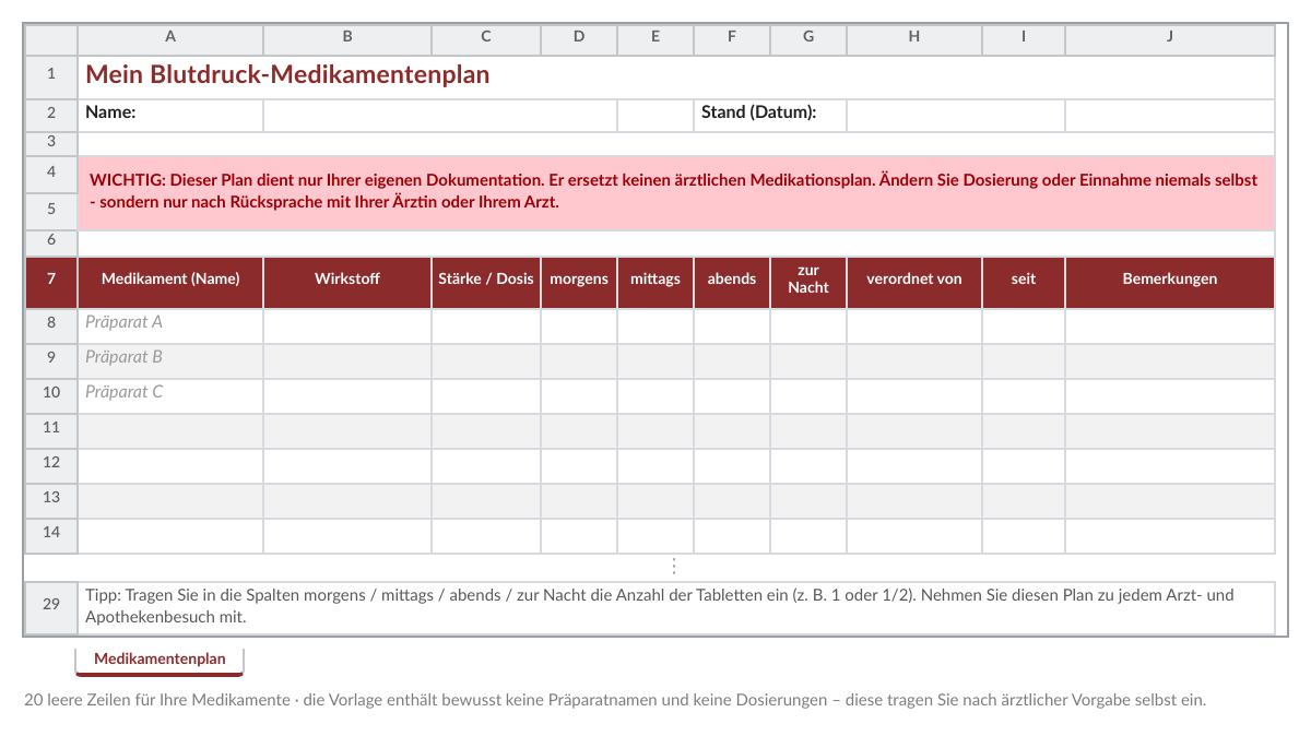 Vorschau des Medikamentenplans: leere Zeilen für Medikament, Wirkstoff, Dosis und Einnahmezeiten mit Warnhinweis zur ärztlichen Rücksprache